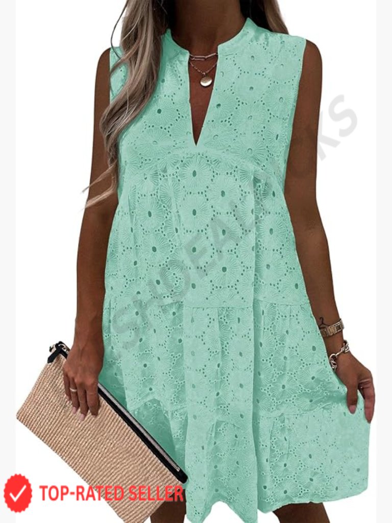 Sleeveless Lace Eyelet Mini Sundress Babydoll Swing Flowy Summer Beach Casual